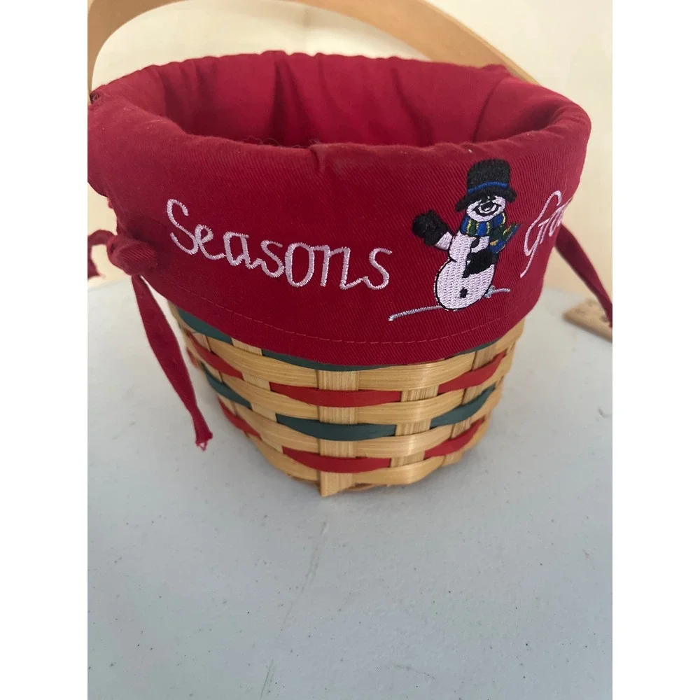 Christmas Seasons Greetings Woven Basket with Snowman Liner and Wood Handle